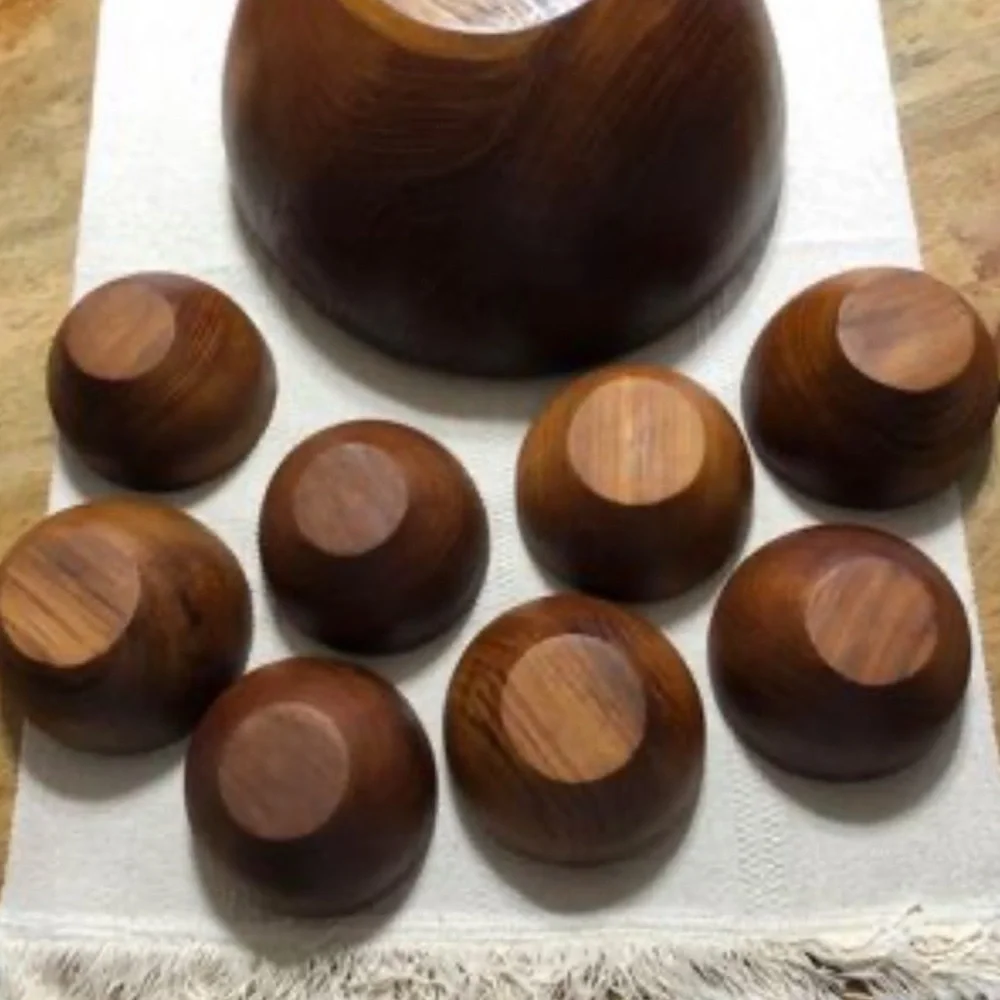 set of vintage handmade teak wood 8 salad bowls